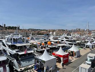Yachts and tents at Cannes during Cannes Lions festival of creativity, June 2024